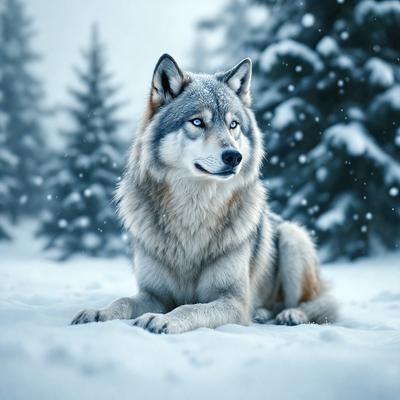 The primary subject of the image is a wolf, which is sitting in the snow. The setting is a snowy forest, with trees in the background. The visual style is a photo, capturing the wolf in its natural habitat. The dominant colors in the image are white and gray, reflecting the snowy environment. The overall atmosphere is serene and peaceful, as the wolf appears calm and undisturbed in the snowy landscape.